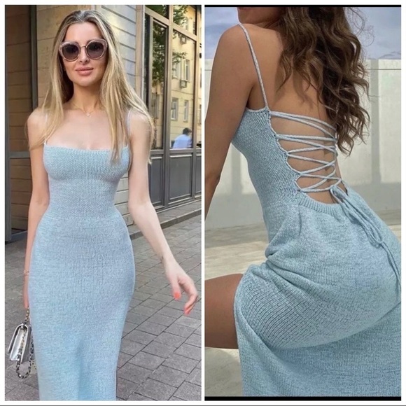 Knitted Sweater Dress Women Spaghetti Strap Strapless Backless Lace Up - Picture 1 of 16